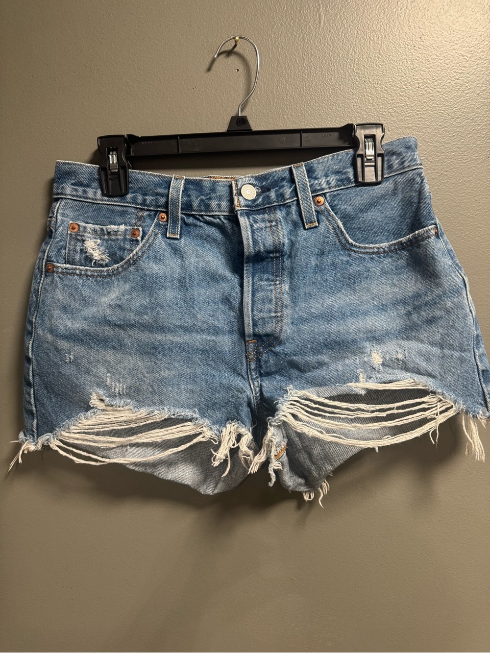 Levi's 501 “capital E” Darker Blue High Rise Frayed Hem Denim Shorts Waist 29